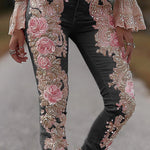 3D Floral Print Pocket Casual Jeans