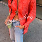 Garcella Satin Jacquard Printed Batwing Sleeve Loose Kimono Long Coat