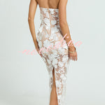 Sienna Floral Embroidered Fabric Off Shoulder Mermaid Silhouette Slit Maxi Dress