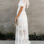 Zeagoo Women's Boho Maxi Dress Embroidery White Lace Loose Holiday Beach Maxi Dress