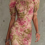 Unique Print Stand Collar Puff Sleeve Slim Fit Ruffle Maxi Dress