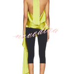 Misty Aura Satin Halter Tie-up Neck Open Back Drape Hem Top