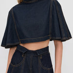 Next Vacation Denim Mock Neck Short Flutter Sleeves Crop Top