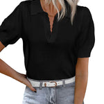Zeagoo Womens Puff Short Sleeve Sweaters Tops Spring Collar V Neck Pullover Polo Shirt Soft Knit Blouses (US Only)
