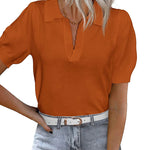 Zeagoo Womens Puff Short Sleeve Sweaters Tops Spring Collar V Neck Pullover Polo Shirt Soft Knit Blouses (US Only)