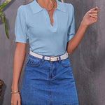 Zeagoo Womens Puff Short Sleeve Sweaters Tops Spring Collar V Neck Pullover Polo Shirt Soft Knit Blouses (US Only)