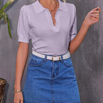 Zeagoo Womens Puff Short Sleeve Sweaters Tops Spring Collar V Neck Pullover Polo Shirt Soft Knit Blouses (US Only)