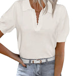 Zeagoo Womens Puff Short Sleeve Sweaters Tops Spring Collar V Neck Pullover Polo Shirt Soft Knit Blouses (US Only)
