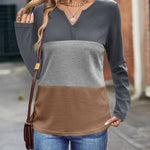 Zeagoo Women's Waffle Shirts V Neck Long Sleeve Tops Color Block T-Shirts