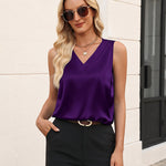 Silk Satin V-Neck Sleeveless Business Work Blouses (US Only)