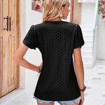 Zeagoo Short Sleeve Tops for Women Casual V Neck Lace T-Shirts Petal Sleeve Shirt Eyelet Pleated Loose Blouses (Us Only)