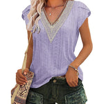 Zeagoo Short Sleeve Tops for Women Casual V Neck Lace T-Shirts Petal Sleeve Shirt Eyelet Pleated Loose Blouses (Us Only)