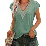Zeagoo Short Sleeve Tops for Women Casual V Neck Lace T-Shirts Petal Sleeve Shirt Eyelet Pleated Loose Blouses (Us Only)