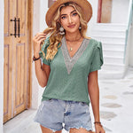 Zeagoo Short Sleeve Tops for Women Casual V Neck Lace T-Shirts Petal Sleeve Shirt Eyelet Pleated Loose Blouses (Us Only)