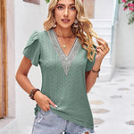 Zeagoo Short Sleeve Tops for Women Casual V Neck Lace T-Shirts Petal Sleeve Shirt Eyelet Pleated Loose Blouses (Us Only)