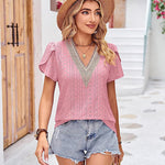 Zeagoo Short Sleeve Tops for Women Casual V Neck Lace T-Shirts Petal Sleeve Shirt Eyelet Pleated Loose Blouses (Us Only)