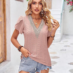 Zeagoo Short Sleeve Tops for Women Casual V Neck Lace T-Shirts Petal Sleeve Shirt Eyelet Pleated Loose Blouses (Us Only)