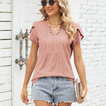 Zeagoo Short Sleeve Tops for Women Casual V Neck T-Shirts Petal Sleeve Shirt Eyelet Pleated Loose Blouses (Us Only)