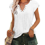 Zeagoo Short Sleeve Tops for Women Casual V Neck T-Shirts Petal Sleeve Shirt Eyelet Pleated Loose Blouses (Us Only)