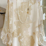 Art Apricot O-Neck Jacquard Patchwork Silk Blouses Lantern Sleeve