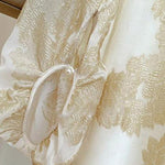 Art Apricot O-Neck Jacquard Patchwork Silk Blouses Lantern Sleeve