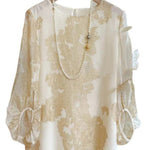 Art Apricot O-Neck Jacquard Patchwork Silk Blouses Lantern Sleeve