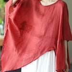 Art Black Asymmetrical Design Embroideried Summer Ramie Shirt Tops