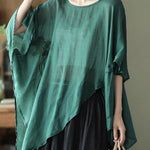 Art Black Asymmetrical Design Embroideried Summer Ramie Shirt Tops