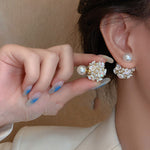 Art White Alloy Acrylic Pearl Zircon Floral Stud Earrings