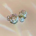 Art White Alloy Acrylic Pearl Zircon Floral Stud Earrings