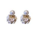 Art White Alloy Acrylic Pearl Zircon Floral Stud Earrings