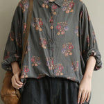 Art dark gray print tunic pattern lapel baggy fall top