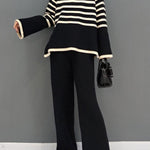 Beautiful Black Turtle Neck Striped Knit Two Piece Suit Set Spring