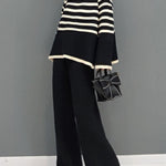 Beautiful Black Turtle Neck Striped Knit Two Piece Suit Set Spring