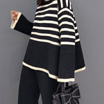 Beautiful Black Turtle Neck Striped Knit Two Piece Suit Set Spring