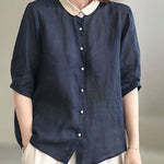 Beautiful Navy Peter Pan Collar Button Loose Fall Half Sleeve Shirt Tops