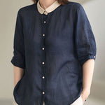 Beautiful Navy Peter Pan Collar Button Loose Fall Half Sleeve Shirt Tops