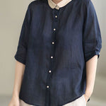 Beautiful Navy Peter Pan Collar Button Loose Fall Half Sleeve Shirt Tops