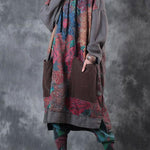 Beautiful hooded drawstring cotton Wardrobes design gray print Maxi Dresses fall