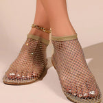 Black Hollow Out Zircon Flat Sandals Breathable Mesh 2025 New