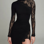 Black turtleneck lace asymmetrical tulle long-sleeved mini dress