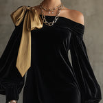 Black Velvet And Gold Satin Patchwork Off The Shoulder Mini Dress