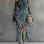 Blue chiffon stretch off-shoulder slit maxi dress