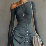 Blue chiffon stretch off-shoulder slit maxi dress