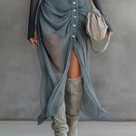 Blue chiffon stretch off-shoulder slit maxi dress