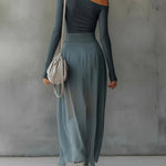 Blue chiffon stretch off-shoulder slit maxi dress