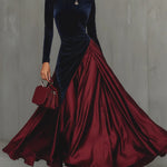 Blue Velvet And Burgundy Satin Color Block Long Dress