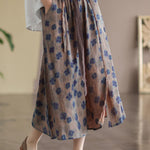 Bohemian Khaki Elastic Waist Print Linen Skirts Summer