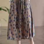 Bohemian Khaki Elastic Waist Print Linen Skirts Summer