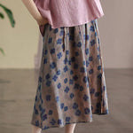 Bohemian Khaki Elastic Waist Print Linen Skirts Summer